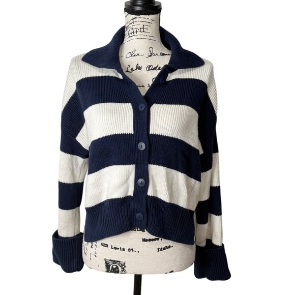 Abercrombie & Fitch Collared Cardigan Blue White Striped Ribbed Womens Size S - Picture 1 of 8